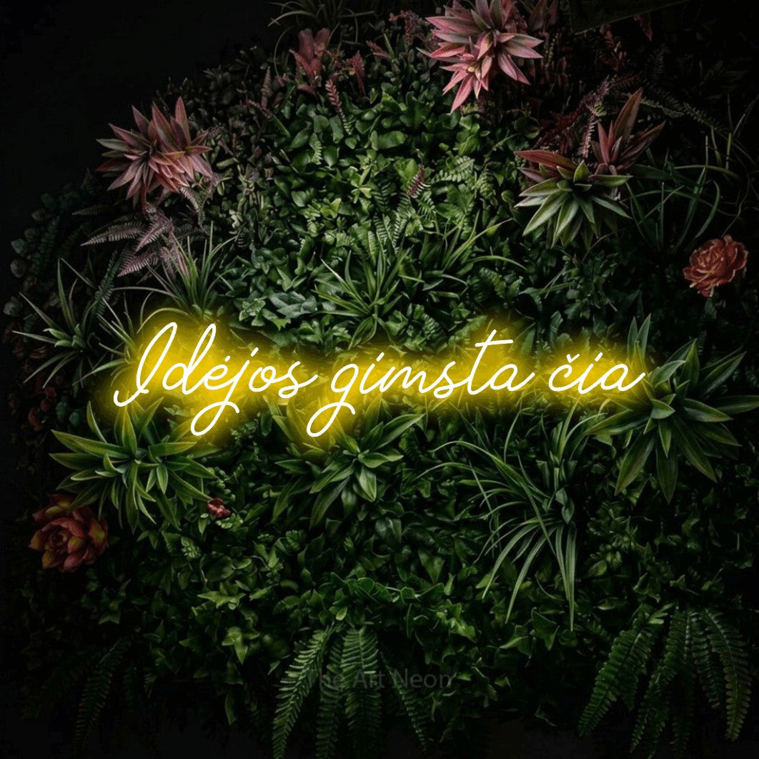 LED neon sign reading “Idėjos gimsta čia”, arranged in a single line.
