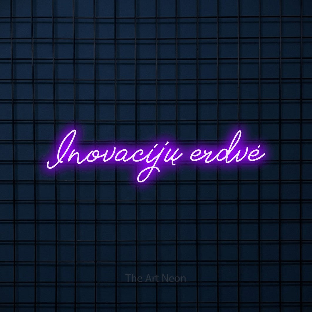 LED neon sign reading “Inovacijų erdvė”, arranged in a single line.