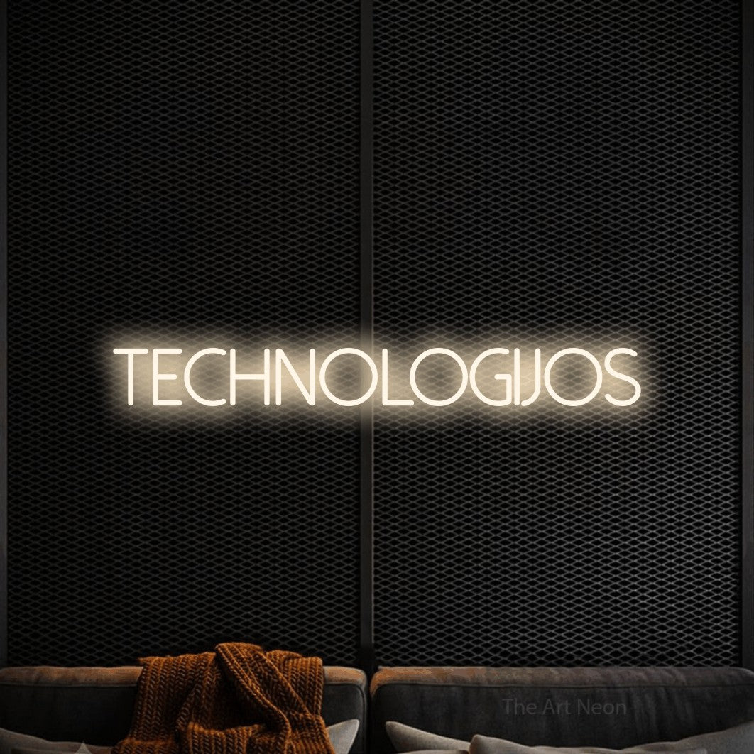 LED neon sign reading “TECHNOLOGIJOS”, arranged in a single line.
