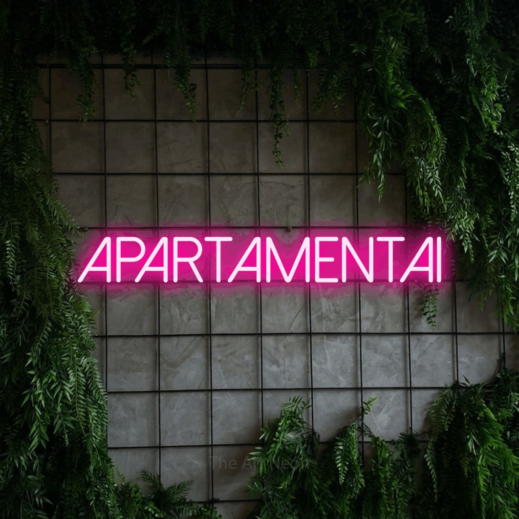LED neon sign reading “APARTAMENTAI”, arranged in a single line.