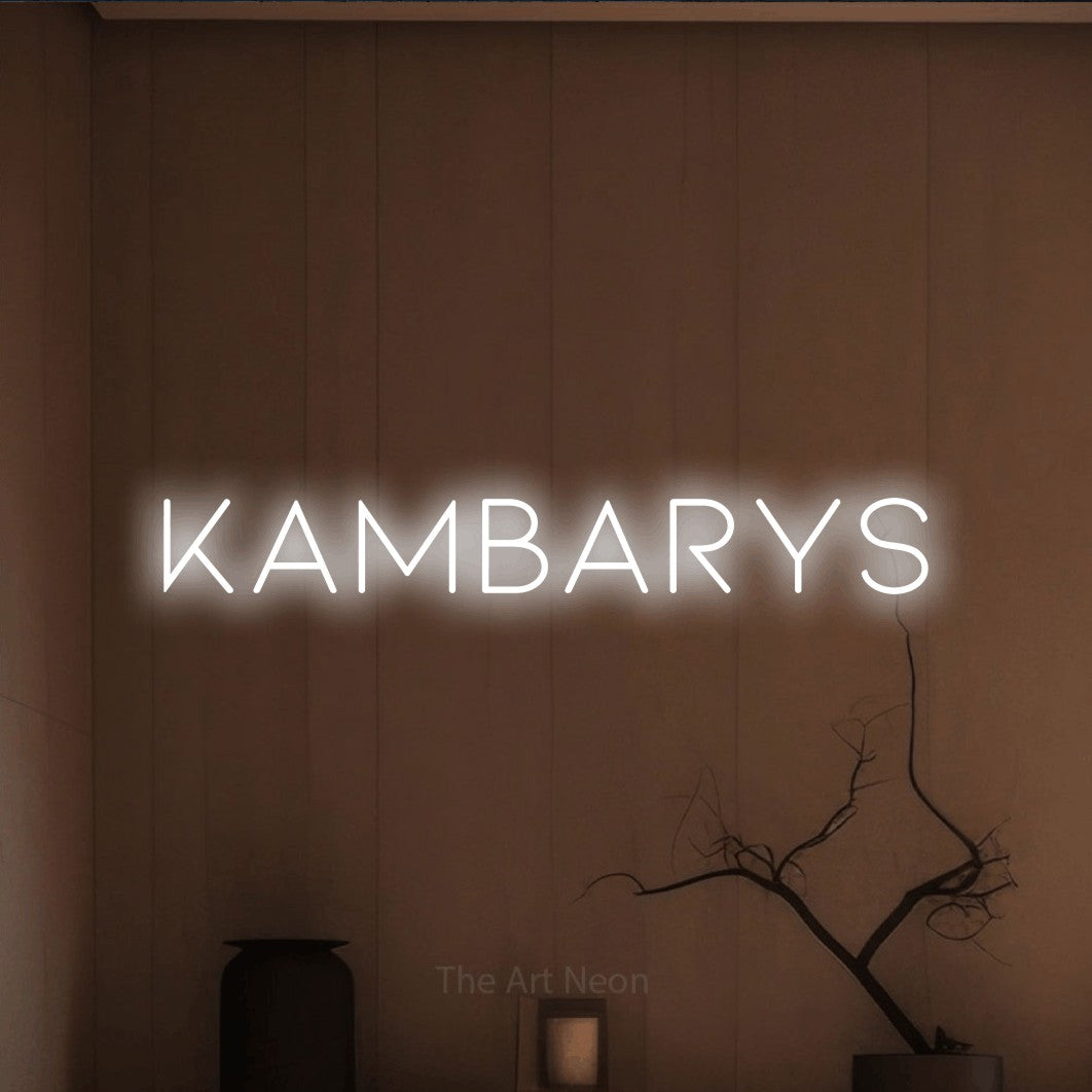 LED neon sign reading “kambarys”, arranged in a single line.