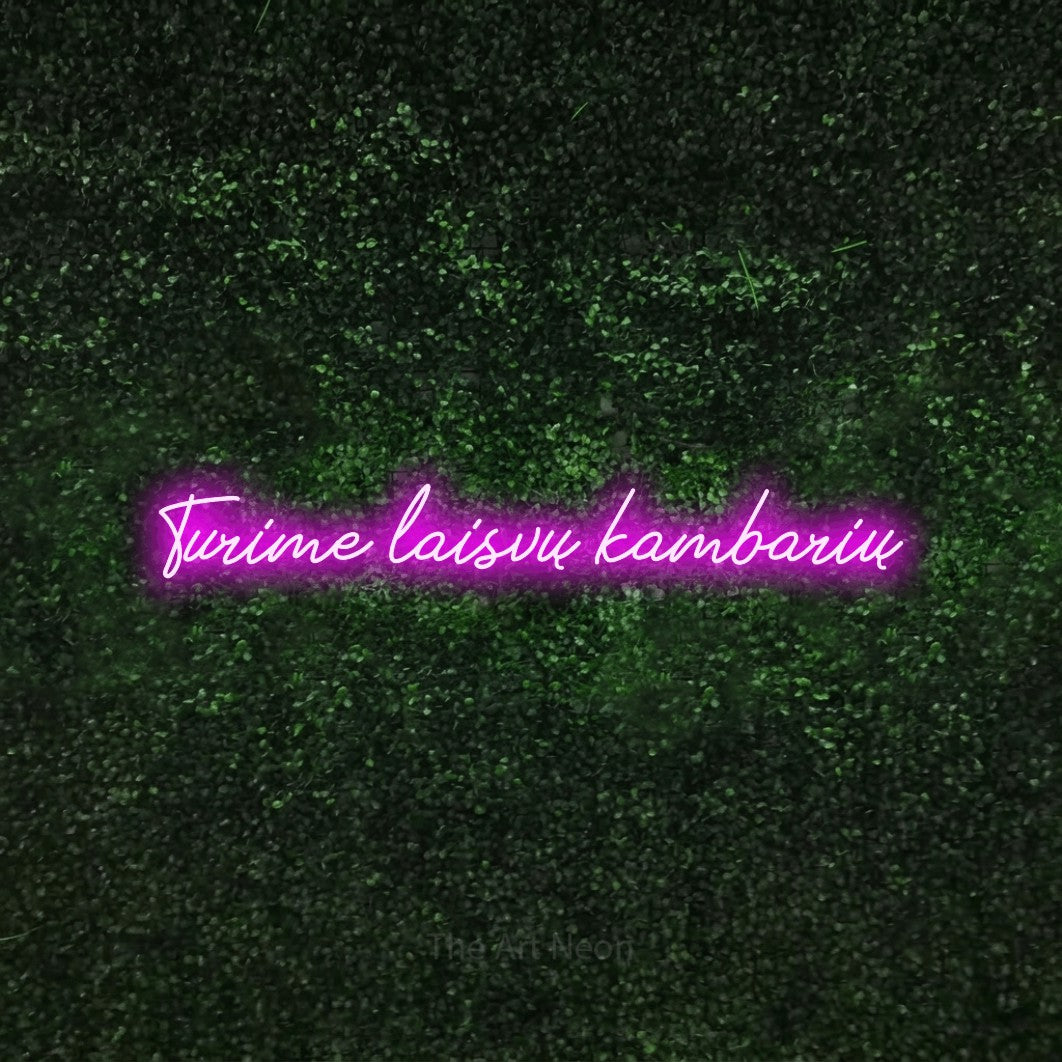 LED neon sign reading “Turime laisvų kambarių”, arranged in a single line.