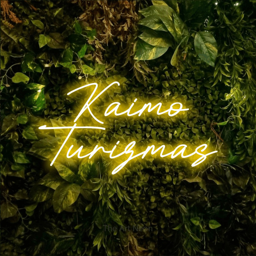 LED neon sign reading “Kaimo Turizmas”, arranged in two lines.