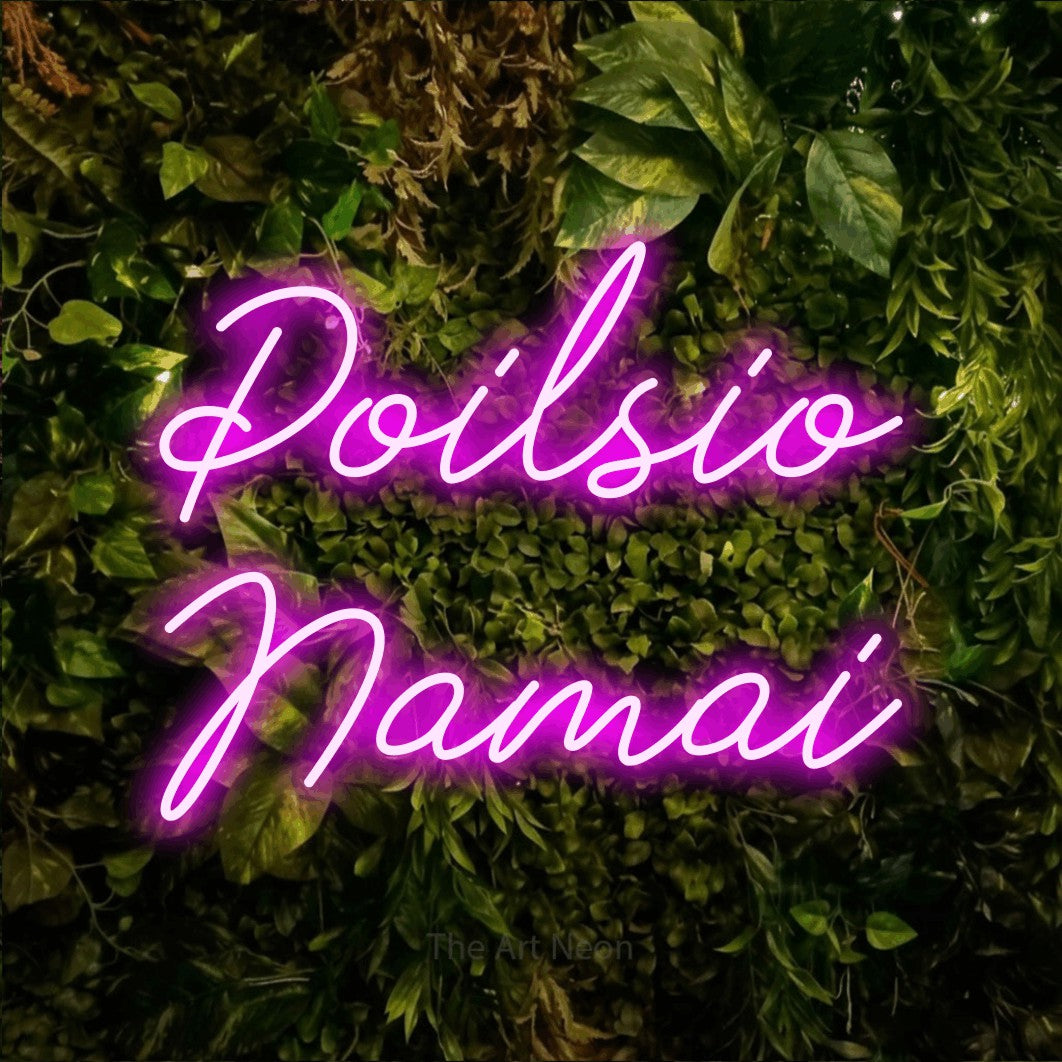 LED neon sign reading “Poilsio Namai”, arranged in two lines.