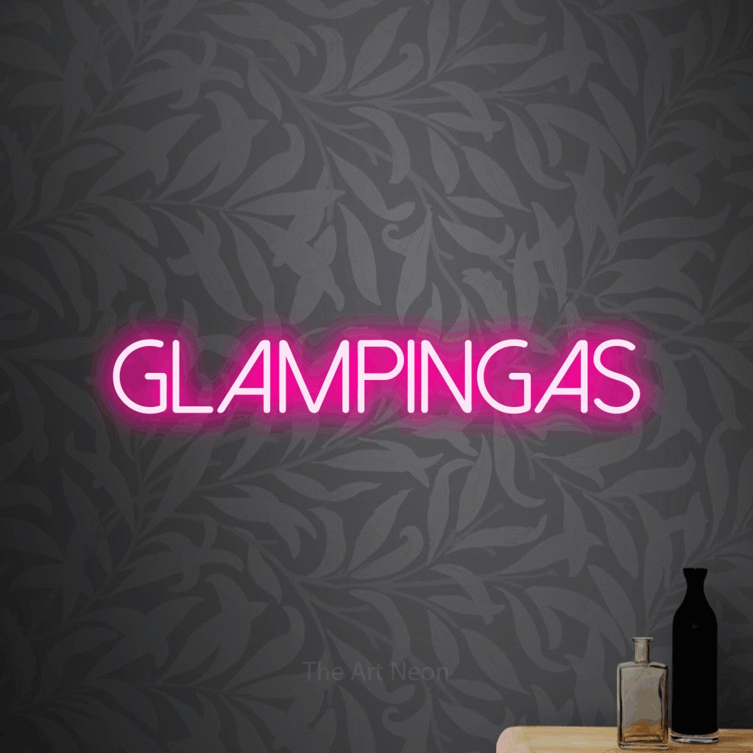LED neon sign reading “GLAMPINGAS”, arranged in a single line.
