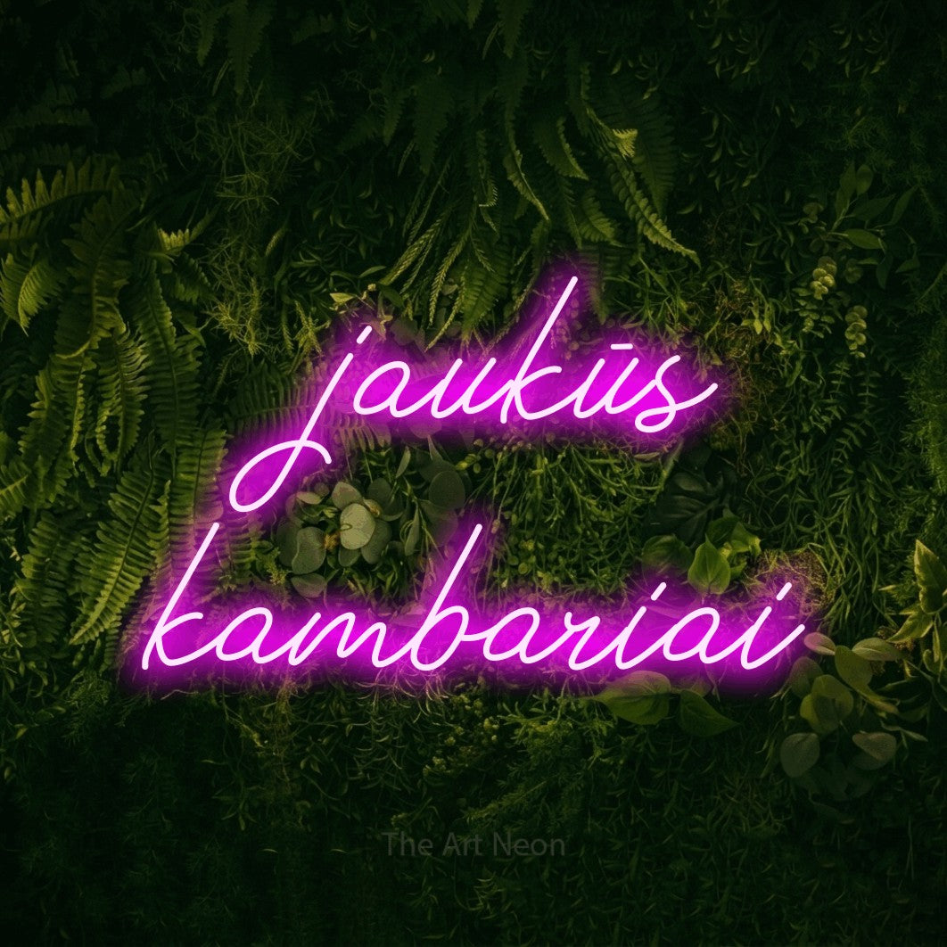 LED neon sign reading “jaukūs kambariai”, arranged in two lines.