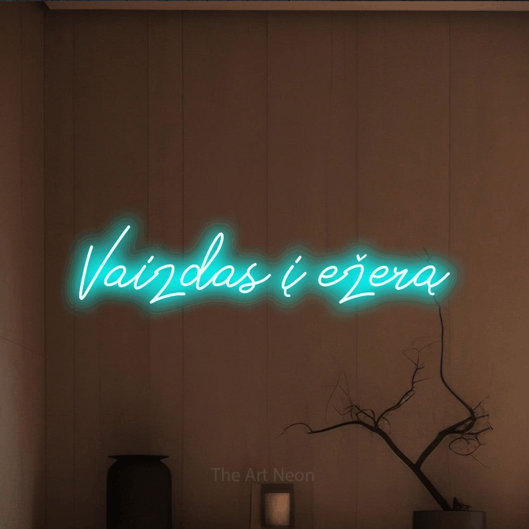 LED neon sign reading “Vaizdas į ežerą”, arranged in a single line.