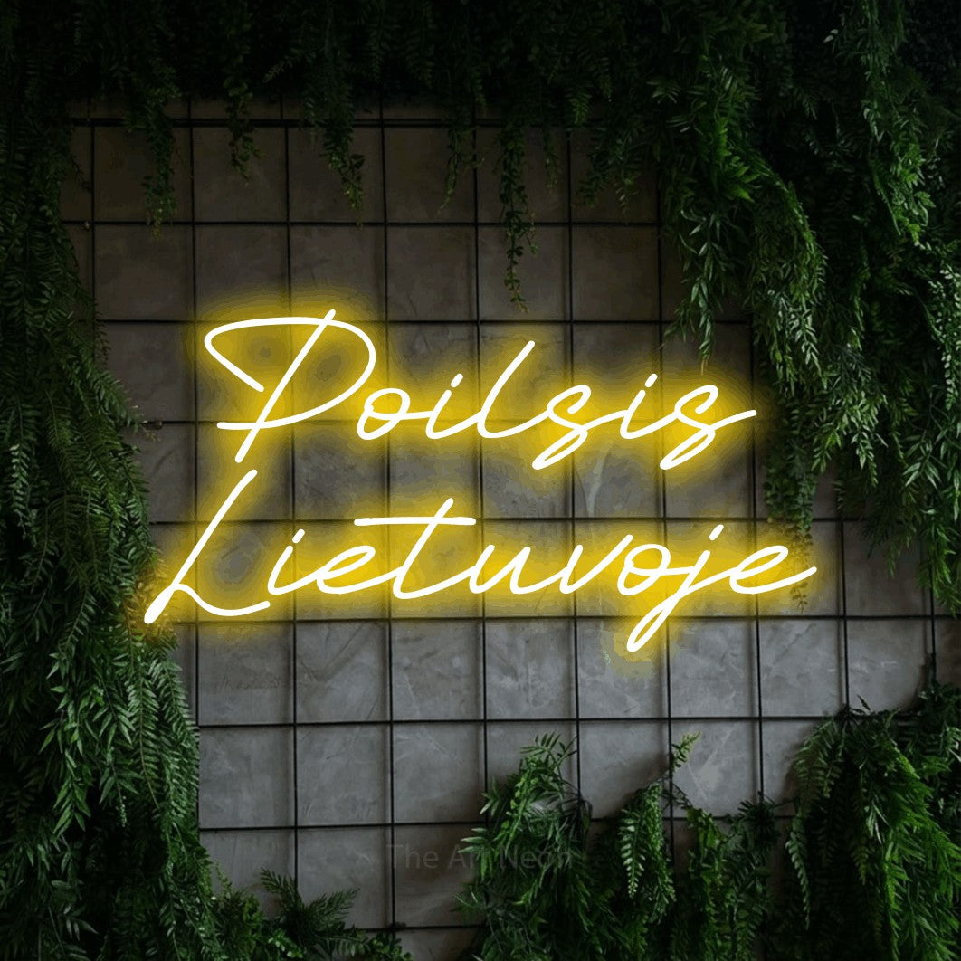 LED neon sign reading “Poilsis Lietuvoje”, arranged in two lines.