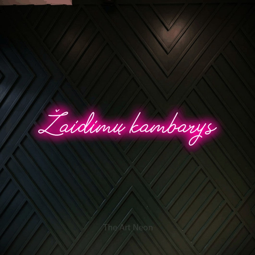 LED neon sign reading “Žaidimų kambarys”, arranged in a single line.