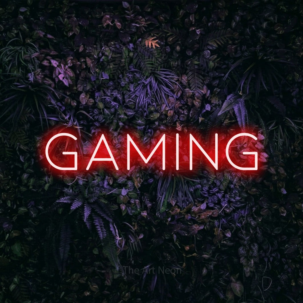 LED neon sign reading “gaming”, arranged in a single line.
