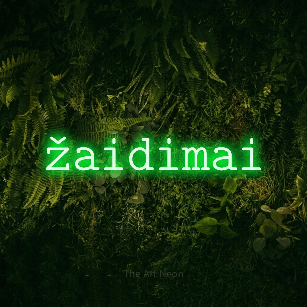LED neon sign reading “žaidimai”, arranged in a single line.