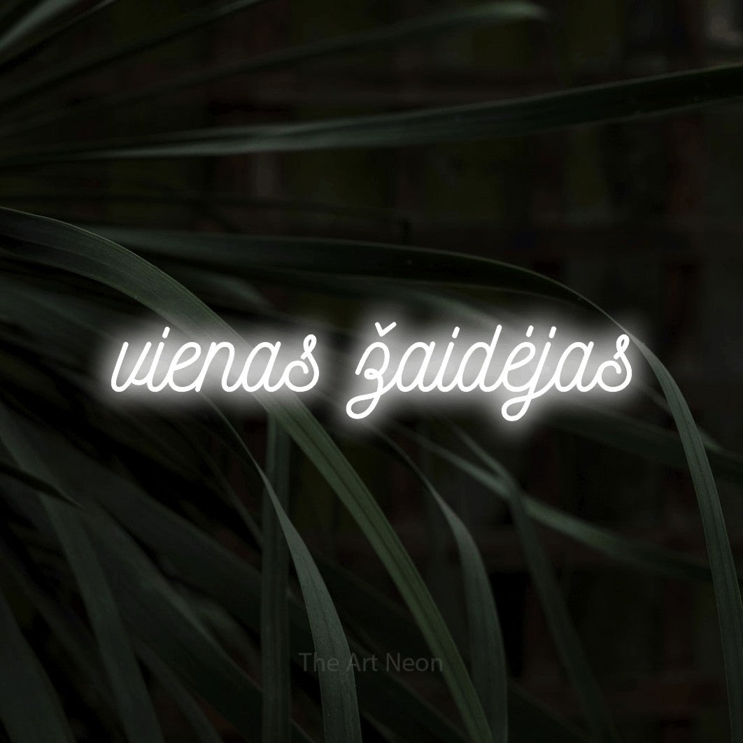LED neon sign reading “vienas žaidėjas”, arranged in a single line.
