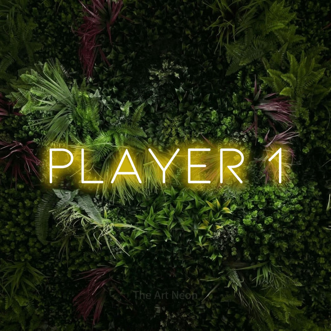 LED neon sign reading “Player 1”, arranged in a single line.