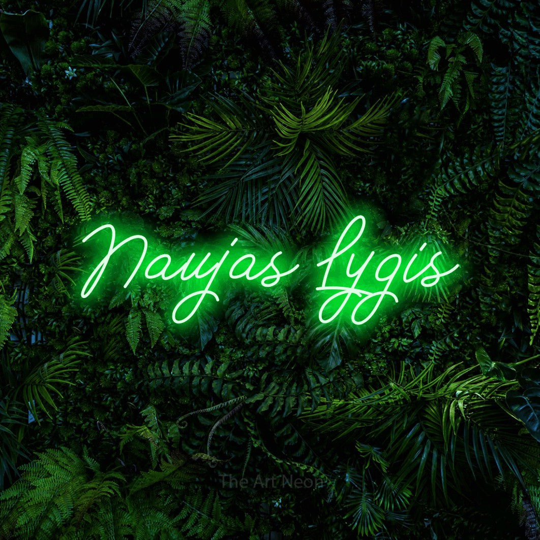 LED neon sign reading “Naujas Lygis”, arranged in a single line.