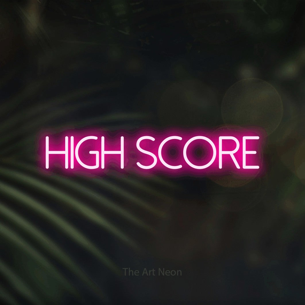 LED neon sign reading “HIGH SCORE”, arranged in a single line.