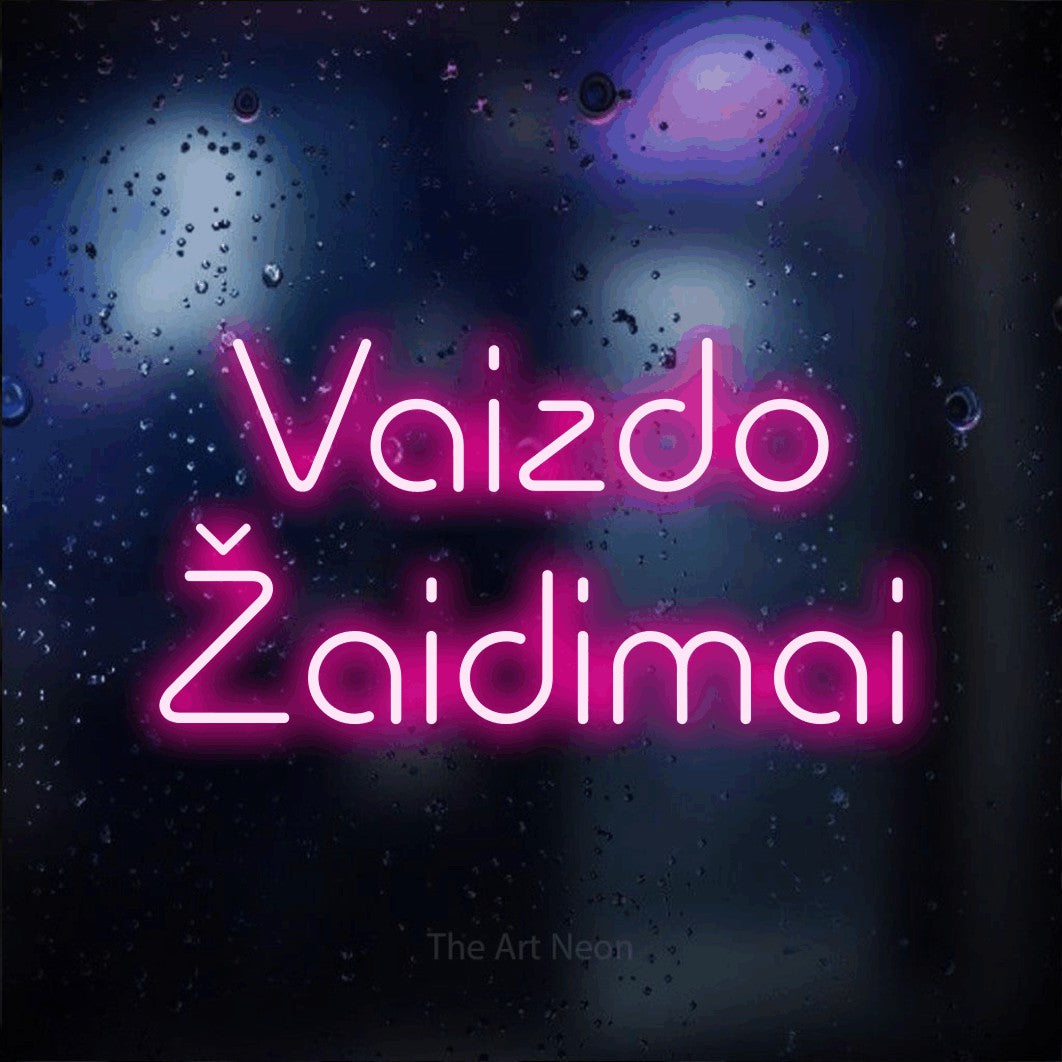 LED neon sign reading “Vaizdo Žaidimai”, arranged in two lines.