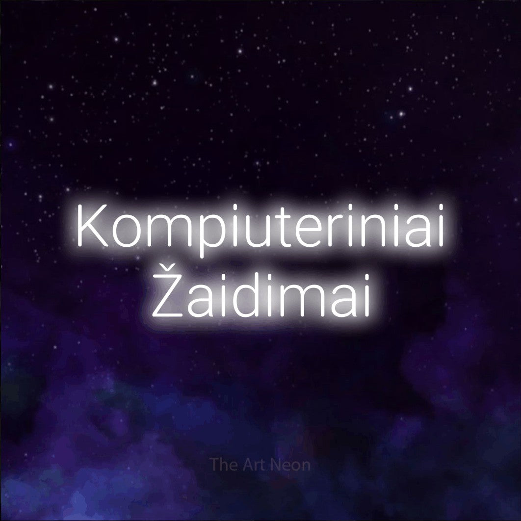 LED neon sign reading “Kompiuteriniai Žaidimai”, arranged in two lines.