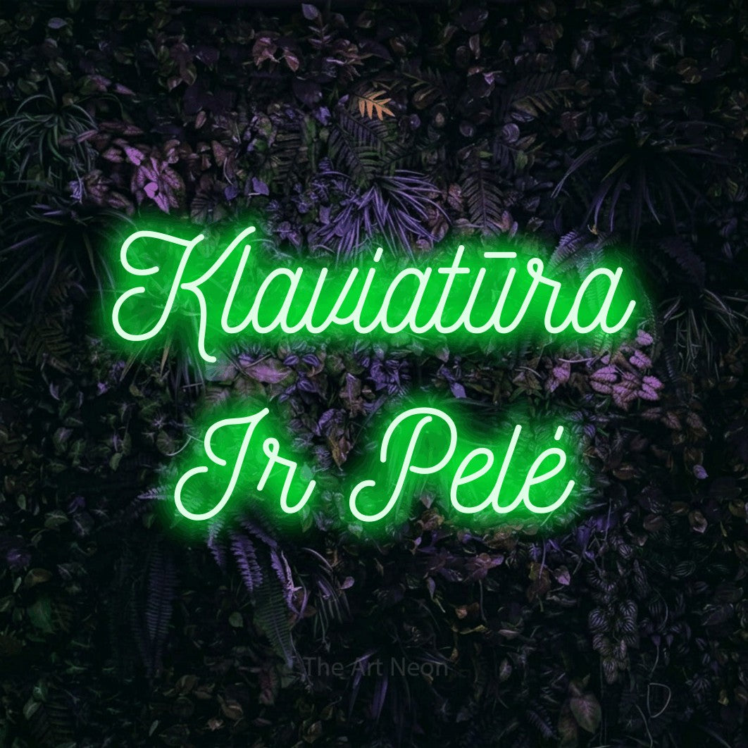 LED neon sign reading “Klaviatūra Ir Pelė”, arranged in two lines.
