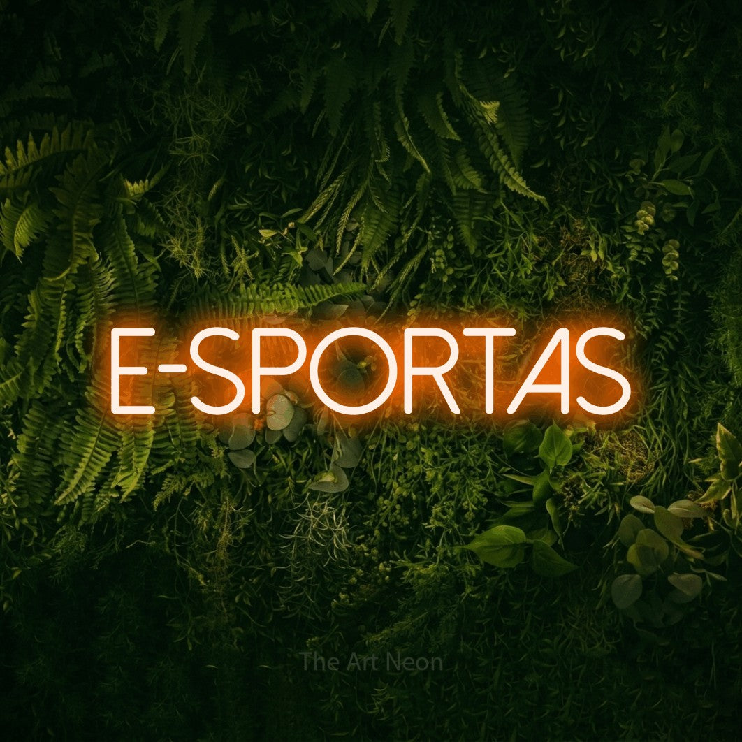 LED neon sign reading “e-sportas”, arranged in a single line.