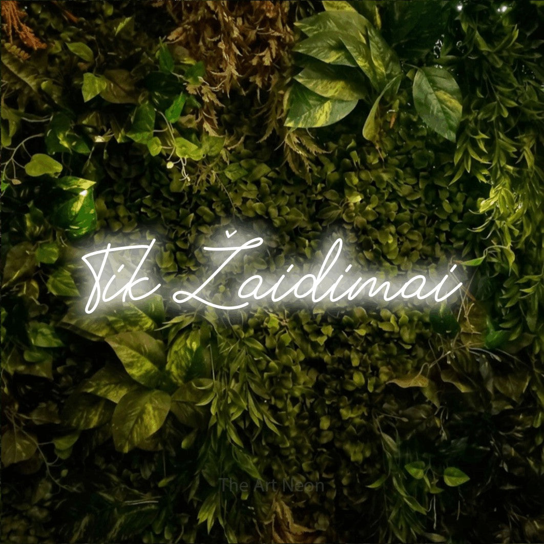LED neon sign reading “Tik Žaidimai”, arranged in a single line.