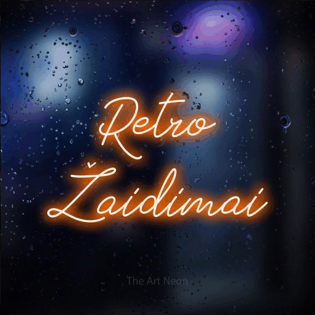 LED neon sign reading “Retro Žaidimai”, arranged in two lines.
