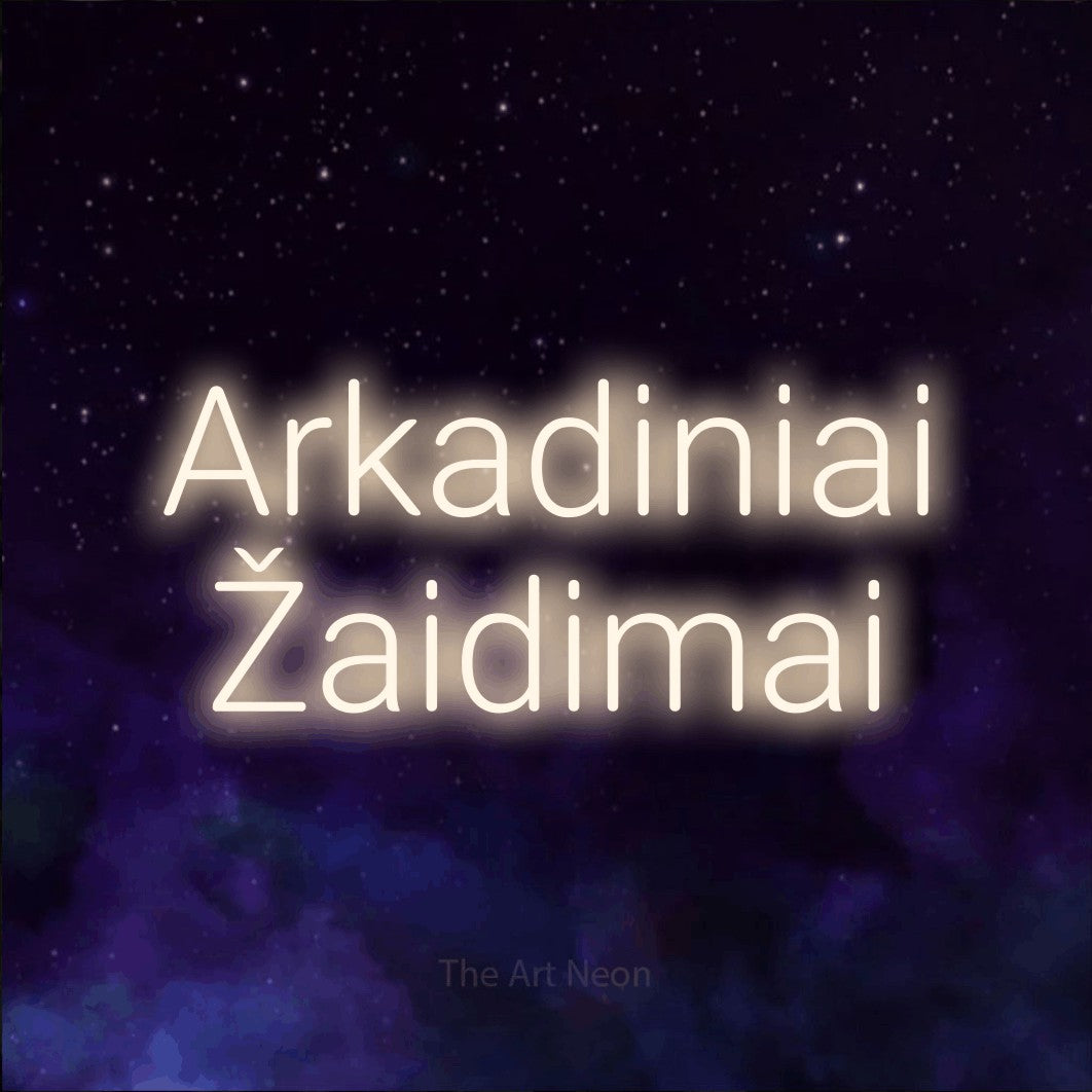 LED neon sign reading “Arkadiniai Žaidimai”, arranged in two lines.