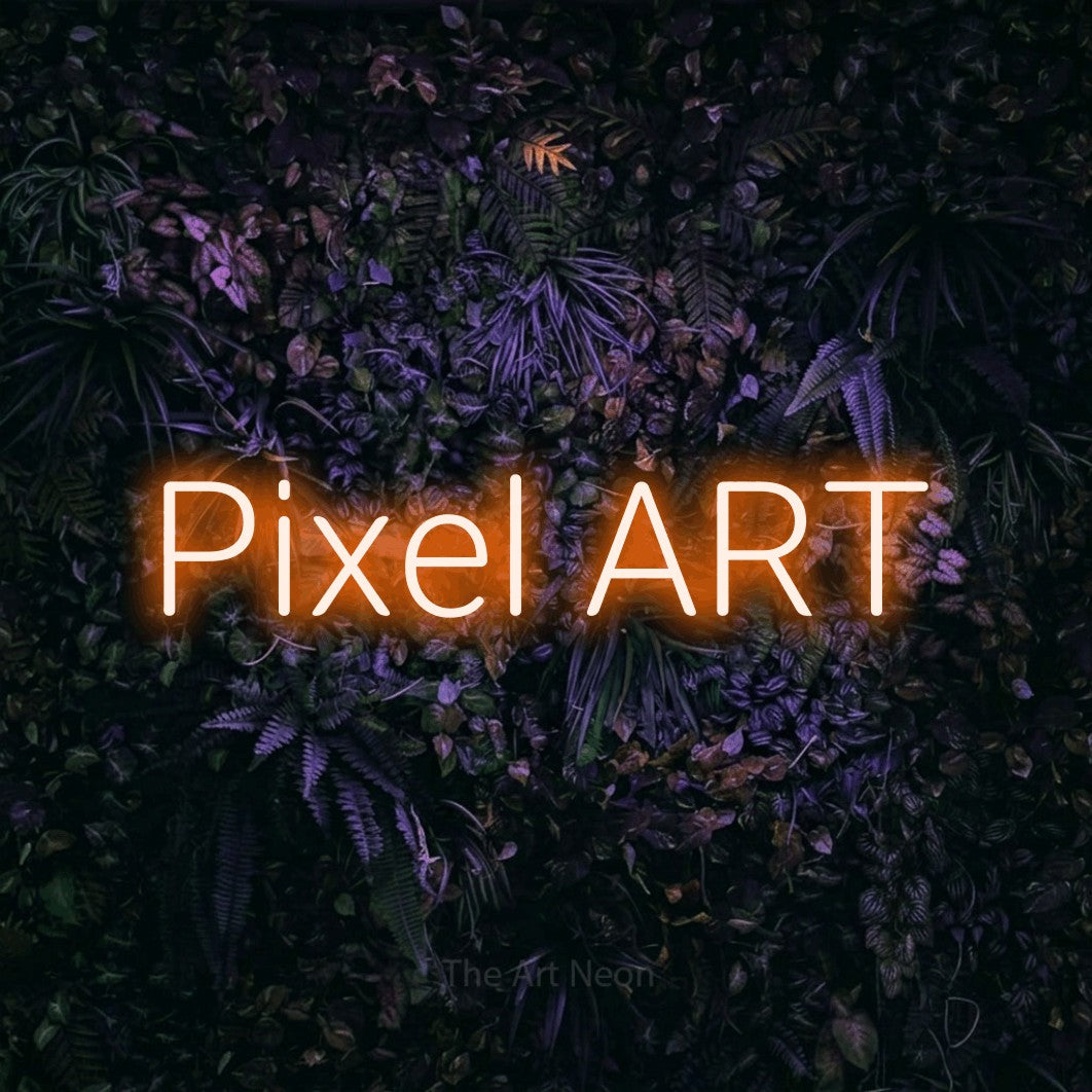 LED neon sign reading “Pixel ART”, arranged in a single line.