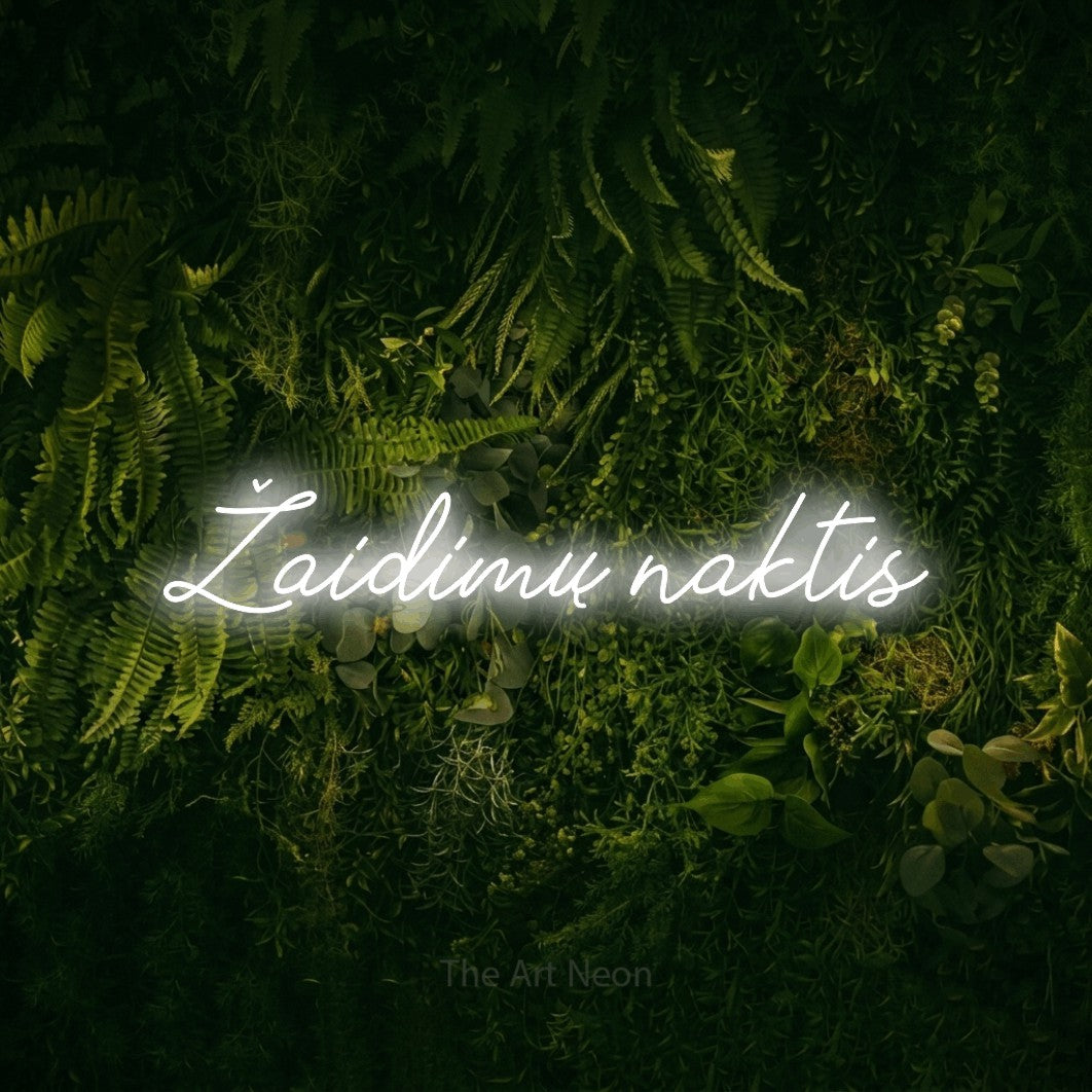 LED neon sign reading “Žaidimų naktis”, arranged in a single line.