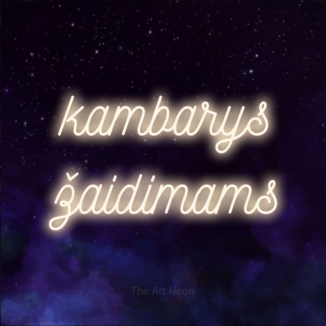 LED neon sign reading “kambarys žaidimams”, arranged in two lines.
