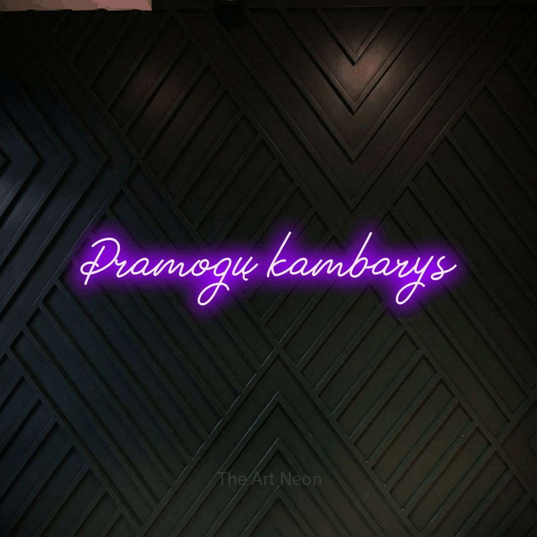 LED neon sign reading “Pramogų kambarys”, arranged in a single line.