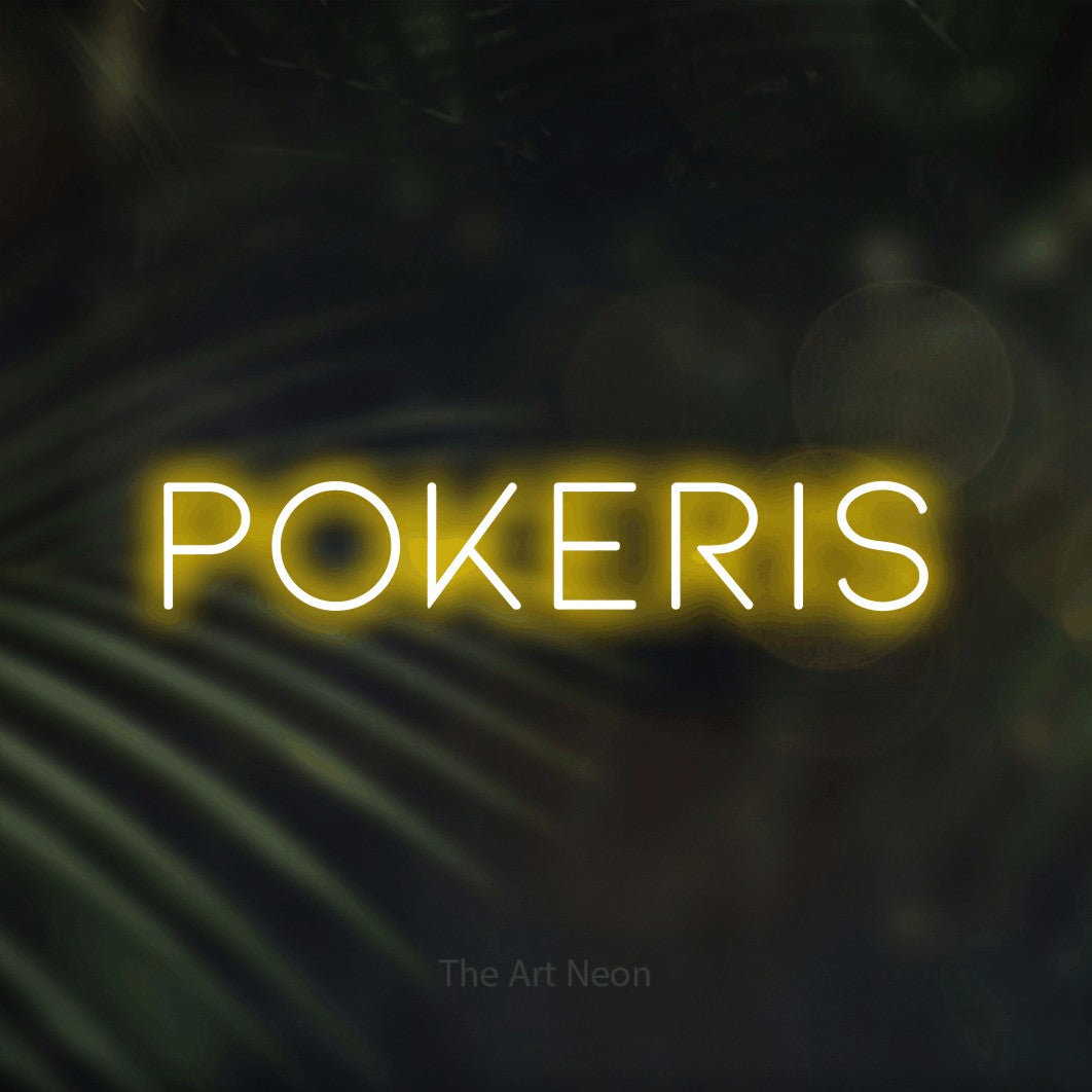 LED neon sign reading “Pokeris”, arranged in a single line.