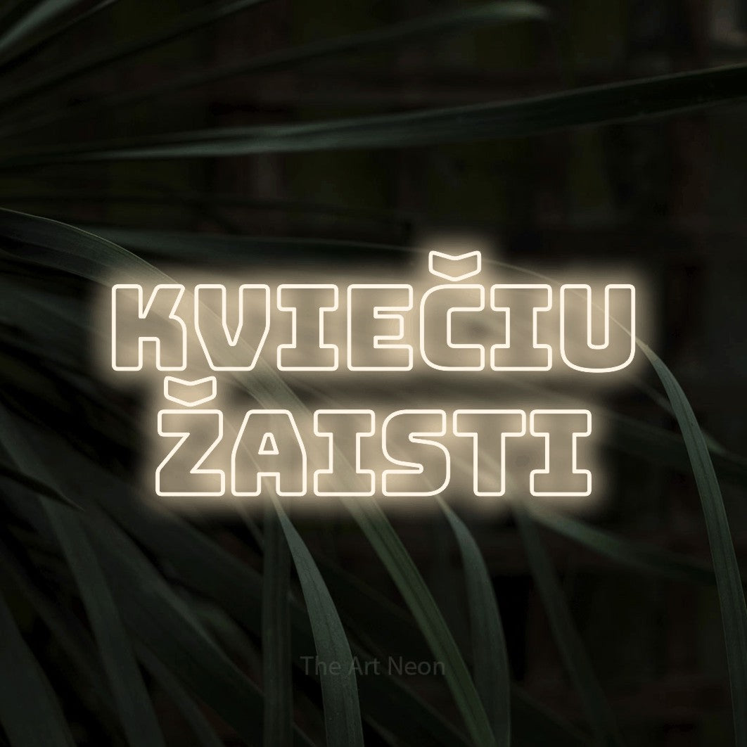 LED neon sign reading “KVIEČIU Žaisti”, arranged in two lines.