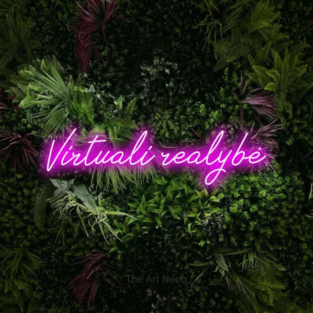 LED neon sign reading “Virtuali realybė”, arranged in a single line.