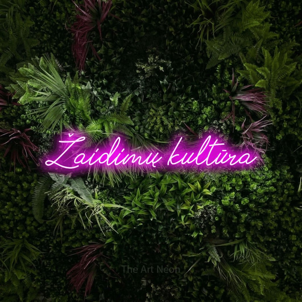 LED neon sign reading “Žaidimų kultūra”, arranged in a single line.