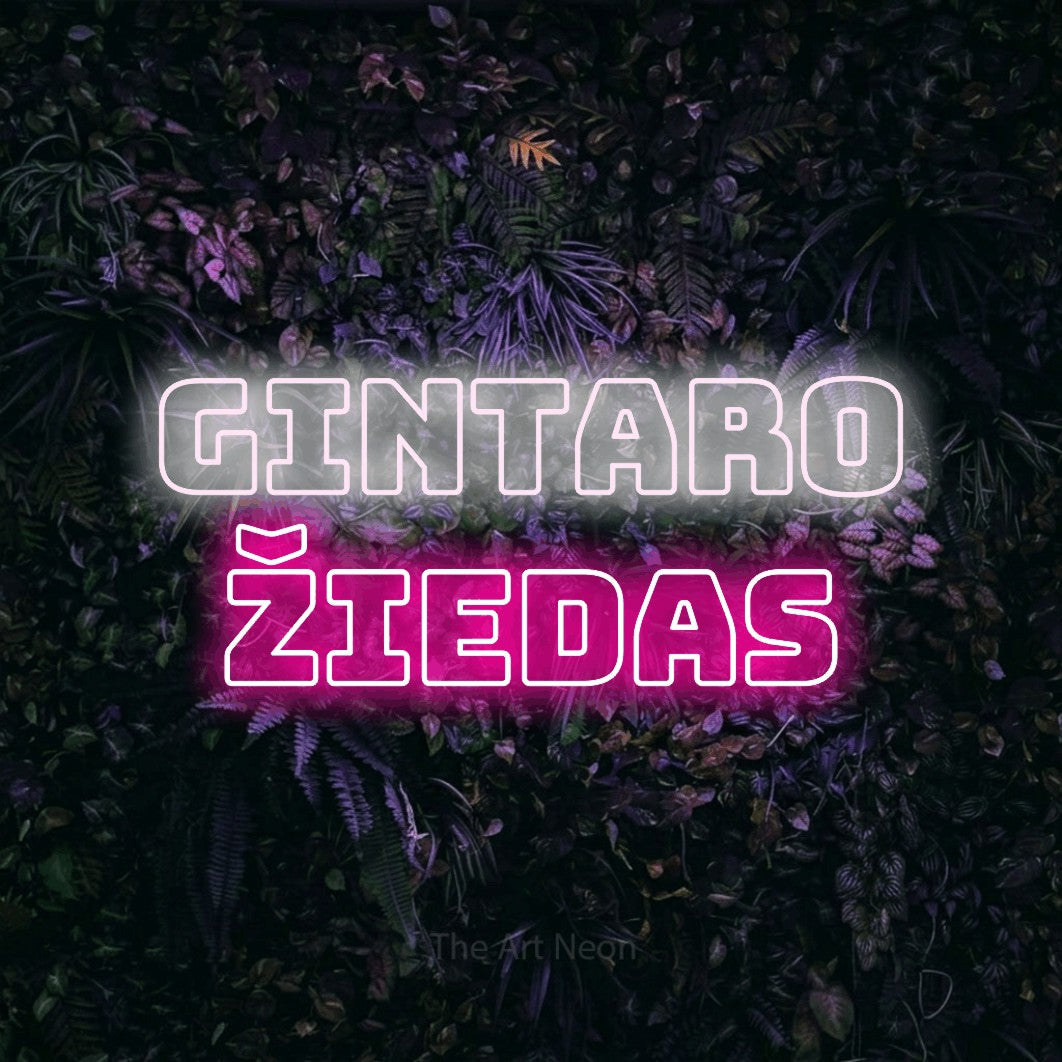 LED neon sign reading “gintaro žiedas”, arranged in two lines.