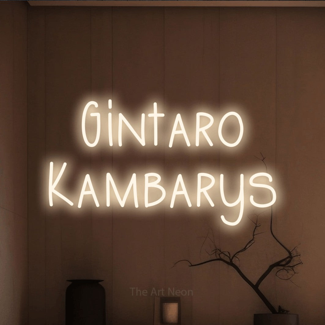 LED neon sign reading “Gintaro Kambarys”, arranged in two lines.