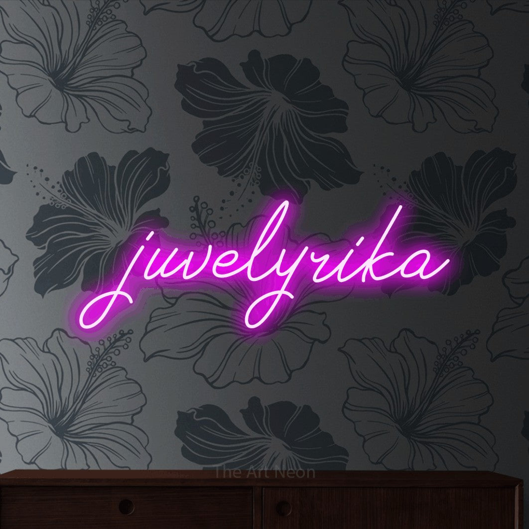 LED neon sign reading “juvelyrika”, arranged in a single line.