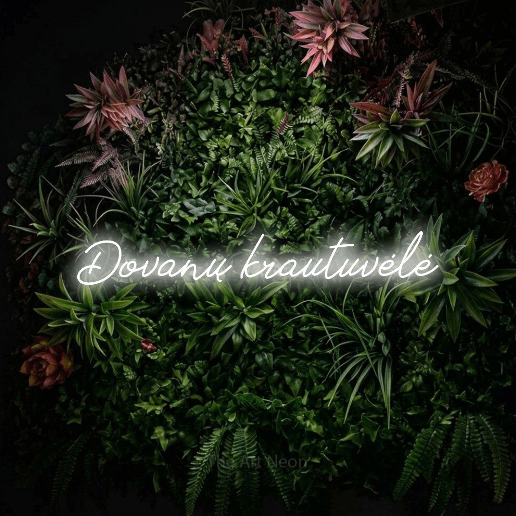 LED neon sign reading “Dovanų krautuvėlė”, arranged in a single line.