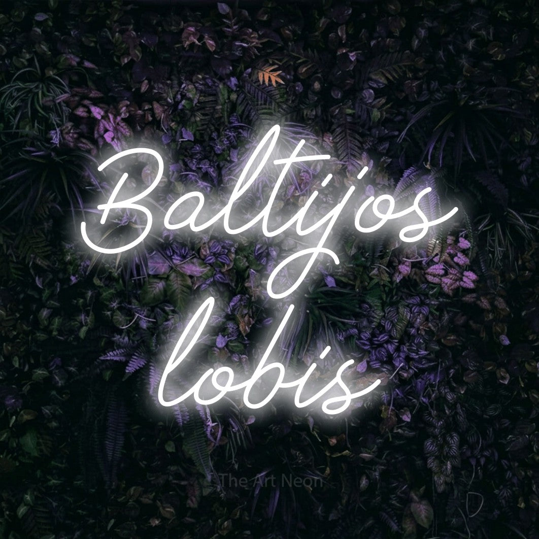 LED neon sign reading “Baltijos lobis”, arranged in two lines.