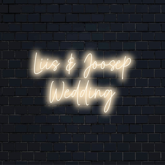Liis _ Joosep Wedding Personalized Neon Light with bright neon glow on dark brick wall