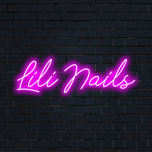Lili Nails Personalized LED Neon Sign, neon text light on dark brick wall