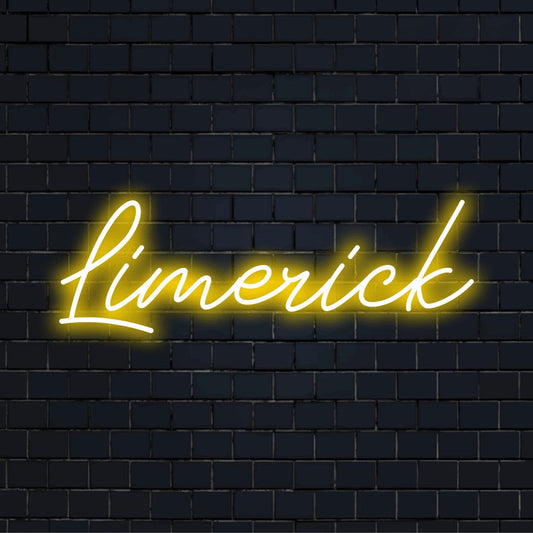 Limerick Neon Sign, bright LED glow against black brick wall