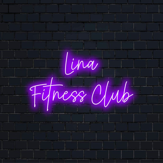 Lina Fitness Club Personalized LED Neon Sign, neon text light on dark brick background