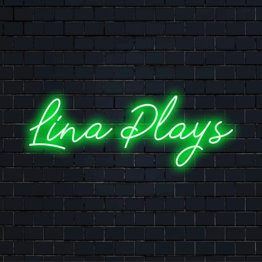 Lina Plays Personalized LED Neon Sign, glowing neon text on black brick background