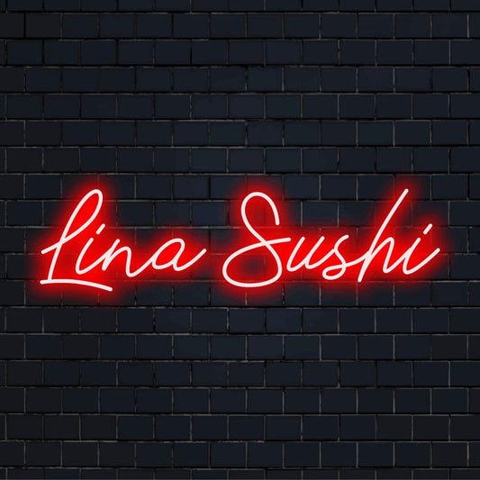 Lina Sushi Custom Name Neon Sign, bright LED glow against brick backdrop