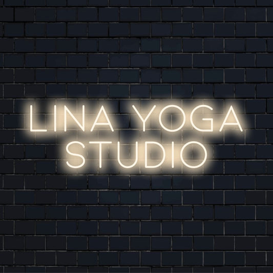 Lina Yoga Studio Personalized LED Neon Sign, glowing wall decor on dark brick background