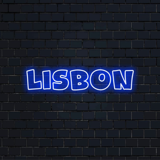 Lisbon LED Neon Sign, soft neon glow against black brick wall