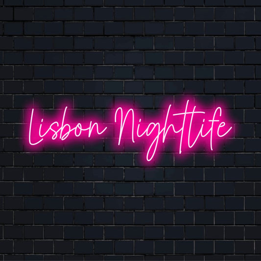 Lisbon Nightlife Neon Sign, glowing wall decor on dark brick background