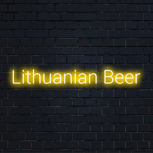 Lithuanian Beer Neon Light with glowing lettering on dark brick background