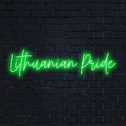 Lithuanian Pride Neon Sign, bright neon lettering on black brick background